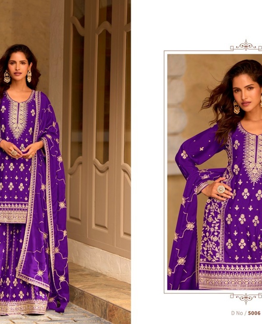 PURPLE - Urbane Purple Chinon Palazzo Salwar Suit with Embroidered, Sequins and Thread Work